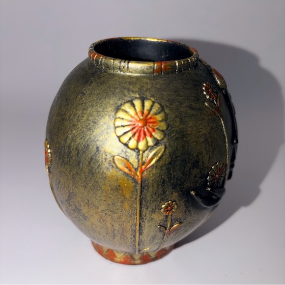 Art Pottery Face Vase | Art Nouveau Style | Gold Orange Floral Sculptural Decor - Picture 5 of 11